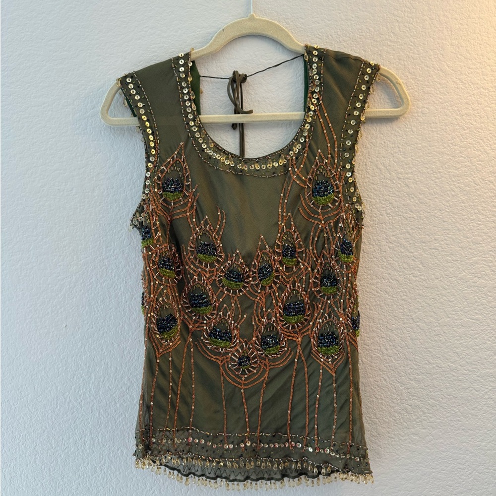 ECI New York Vintage Peacock Beaded Blouse